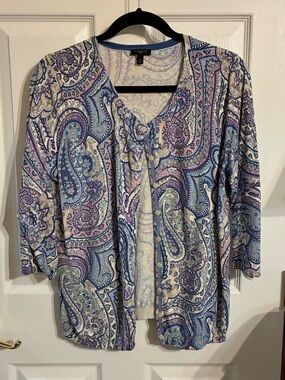 Talbots Pastel Paisley Crewneck Cardigan - Blue & Lavender